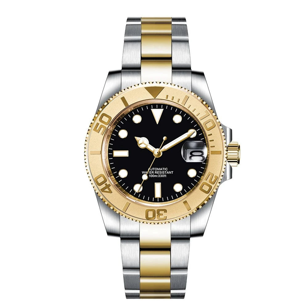 Montre de luxe automatique pour homme, modèle japonais NH35 MIYOTA 8215, bracelet en or bicolore, cadran bleu soleillé stérile, verre saphir