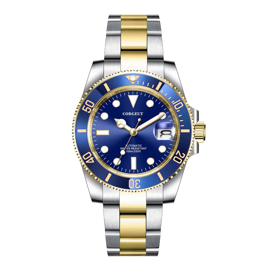 Montre de luxe automatique pour homme, modèle japonais NH35 MIYOTA 8215, bracelet en or bicolore, cadran bleu soleillé stérile, verre saphir