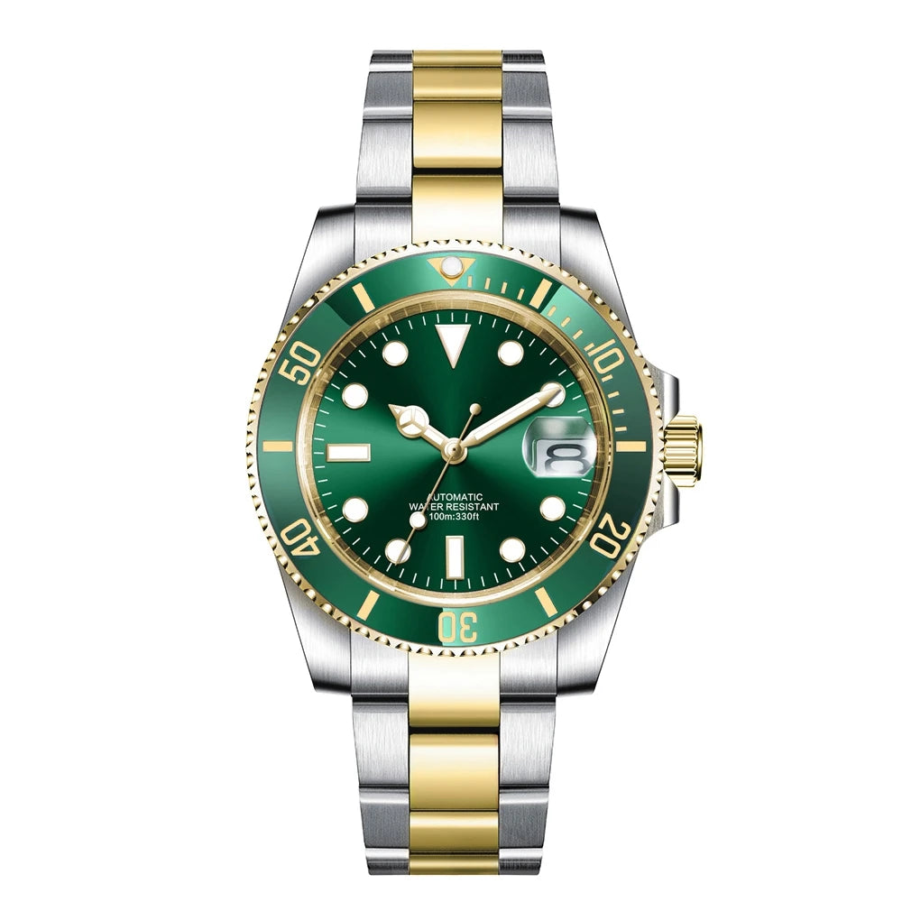 Montre de luxe automatique pour homme, modèle japonais NH35 MIYOTA 8215, bracelet en or bicolore, cadran bleu soleillé stérile, verre saphir