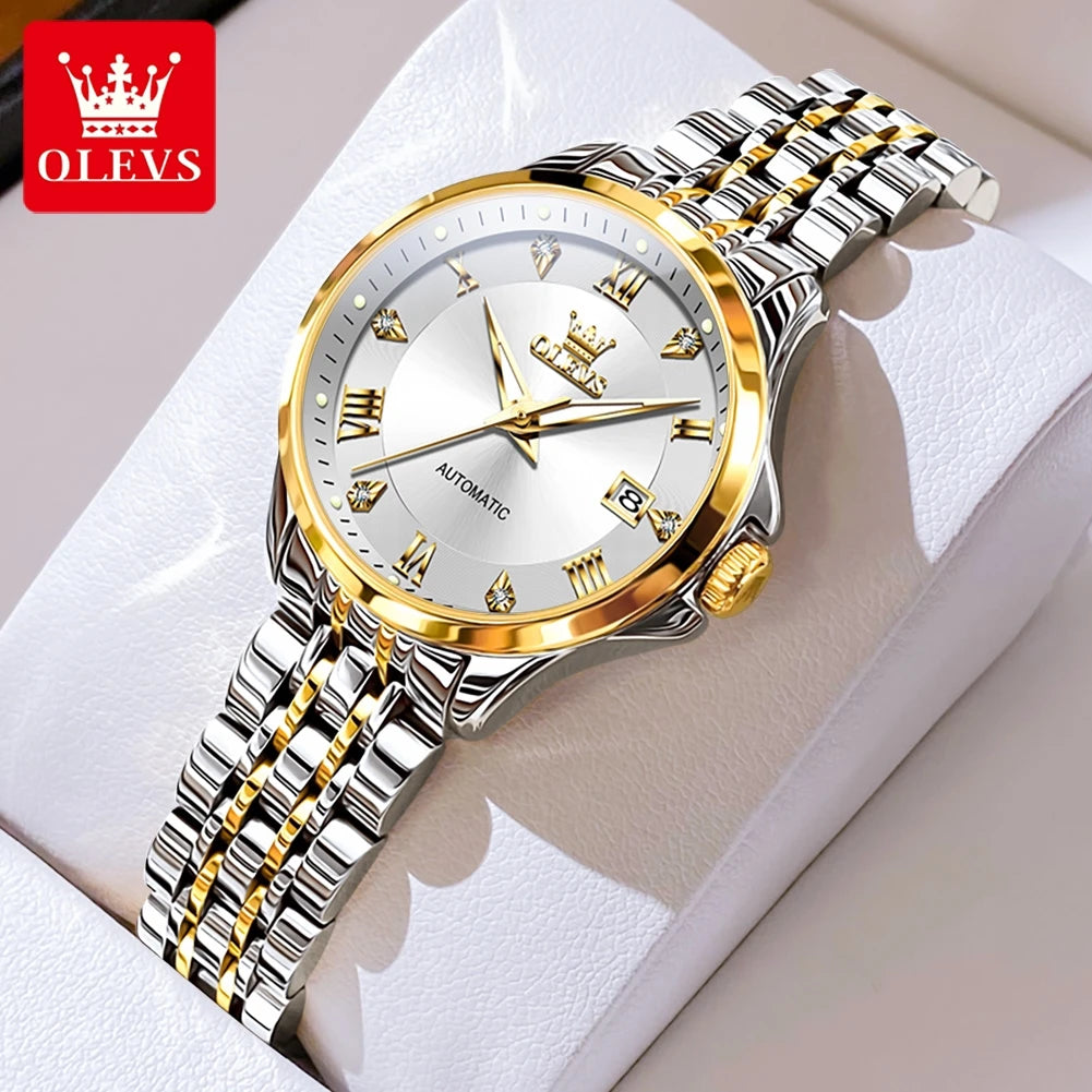 OLEVS 6702 Auto Date Mechanical Watch For Women Roman Scale Luxury Luminous Hand Clock Stainless Steel Waterproof Woman Watches