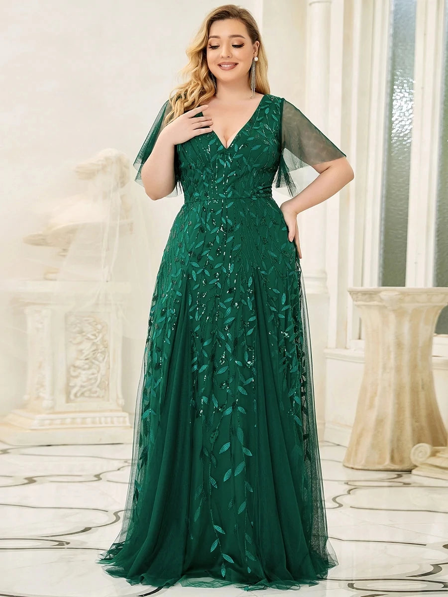 Ever Pretty – robe de soirée longue vert foncé, grande taille, col en v, demi-manches, longueur au sol