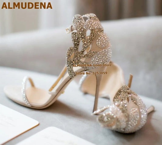 ALMUDENA Champagne chaussures de mariage strass talons aiguilles sandales de mariée Bling Bling forme de papillon