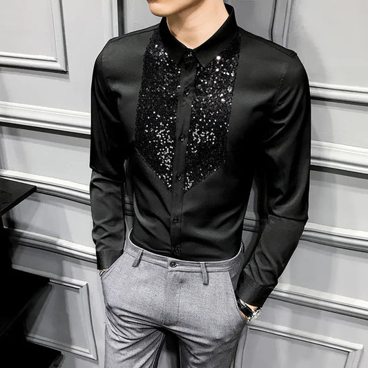 Paillettes chemises de smoking hommes à manches longues Camisa Masculina noir blanc