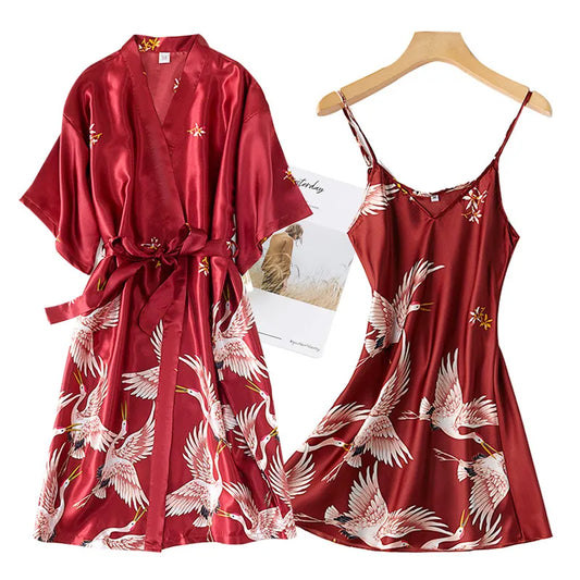 Kimono Robe ensembles Sexy imprimé grue chemise de nuit et peignoir
