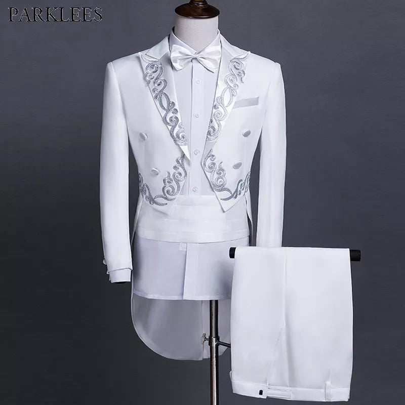 Manteau de queue blanc pour hommes, costumes brodés en Jacquard, 2 pièces