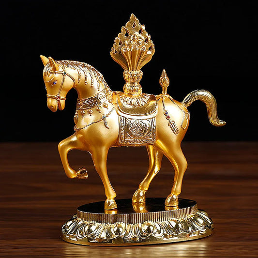 Tantrique 13.3x11.5cm, alliage bouddhiste ésotérique, métal plaqué or, cheval précieux