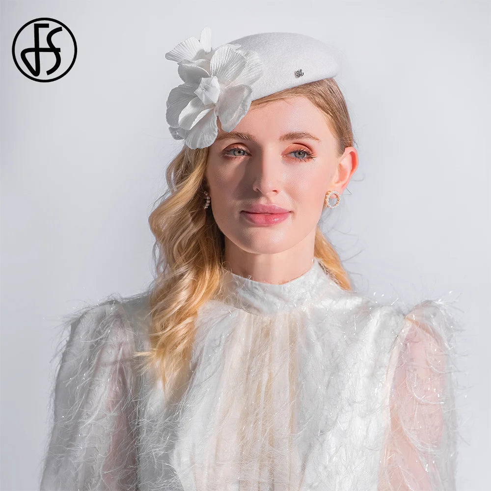 FS – béret britannique avec feutre de laine pour femmes, petit chapeau souple blanc