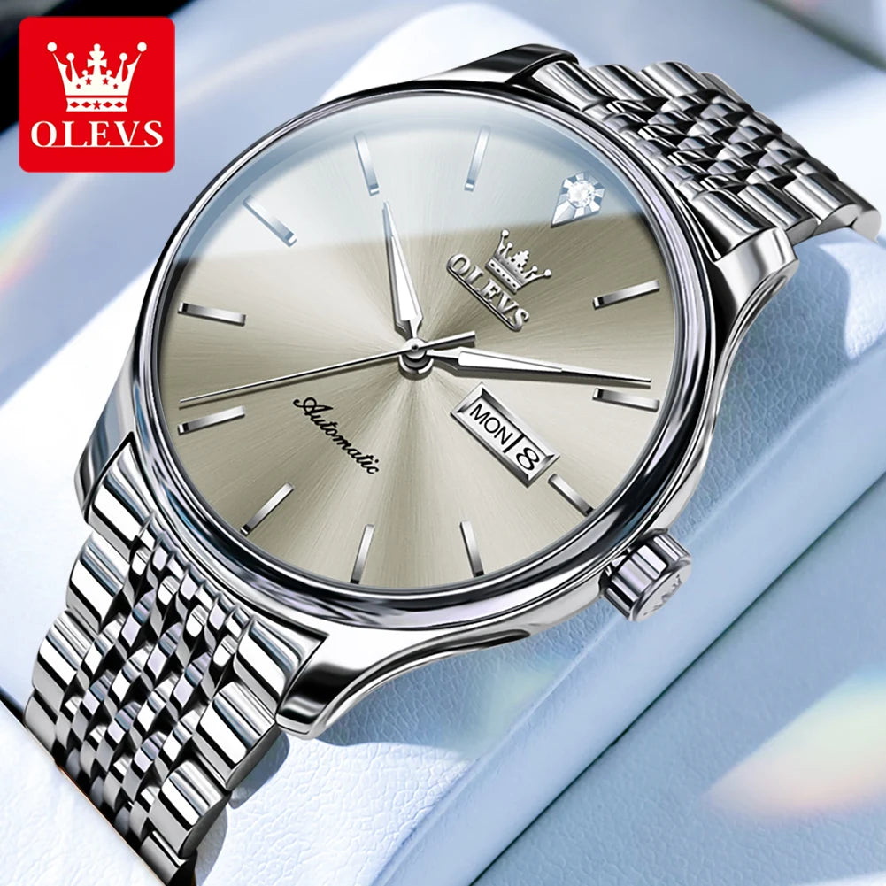 Montres de luxe originales OLEVS pour hommes, mécanique entièrement automatique, étanche, lumineuse, double calendrier, en acier inoxydable