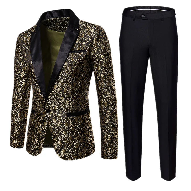 Costume Jacquard d'affaires pour hommes, 2 pièces, noir/or/blanc, blazer + pantalon