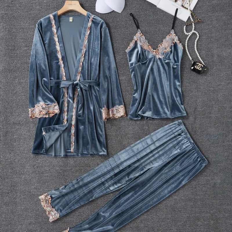 Ensemble pyjama 3 pièces en velours pour femme, robe de chambre, nuisette