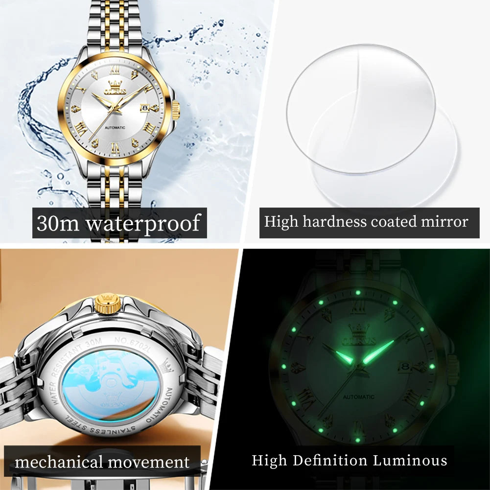 OLEVS 6702 Auto Date Mechanical Watch For Women Roman Scale Luxury Luminous Hand Clock Stainless Steel Waterproof Woman Watches