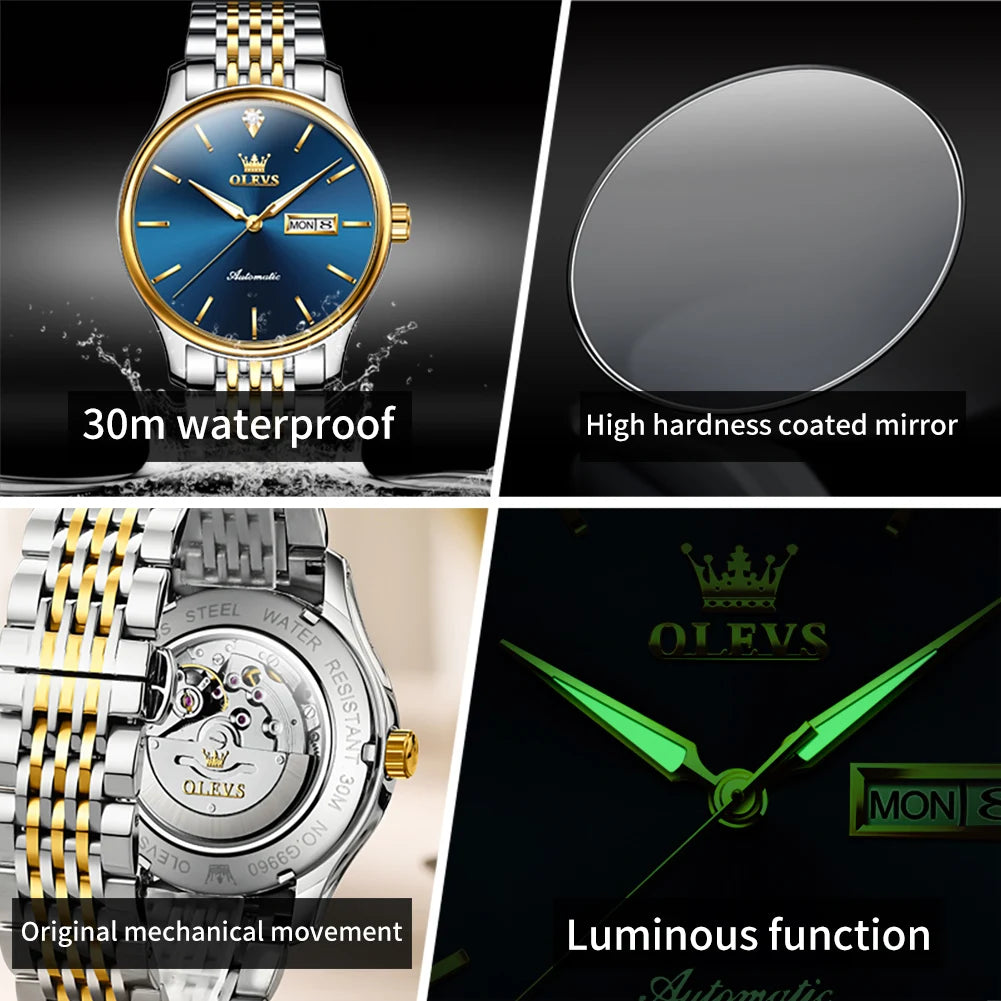 Montres de luxe originales OLEVS pour hommes, mécanique entièrement automatique, étanche, lumineuse, double calendrier, en acier inoxydable