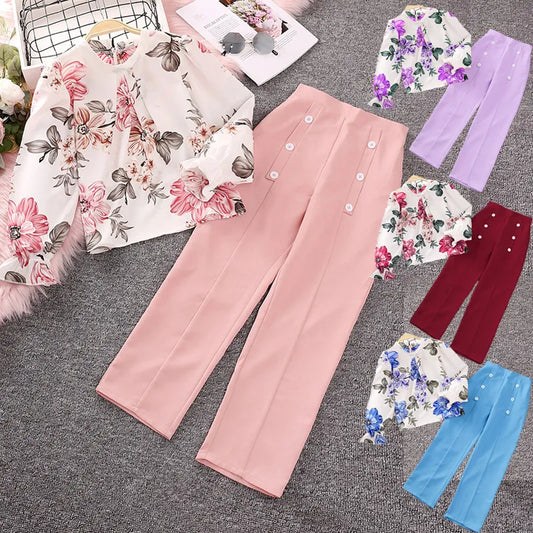 Ensemble de vêtements pour filles, T-Shirt à manches longues + pantalon imprimé floral