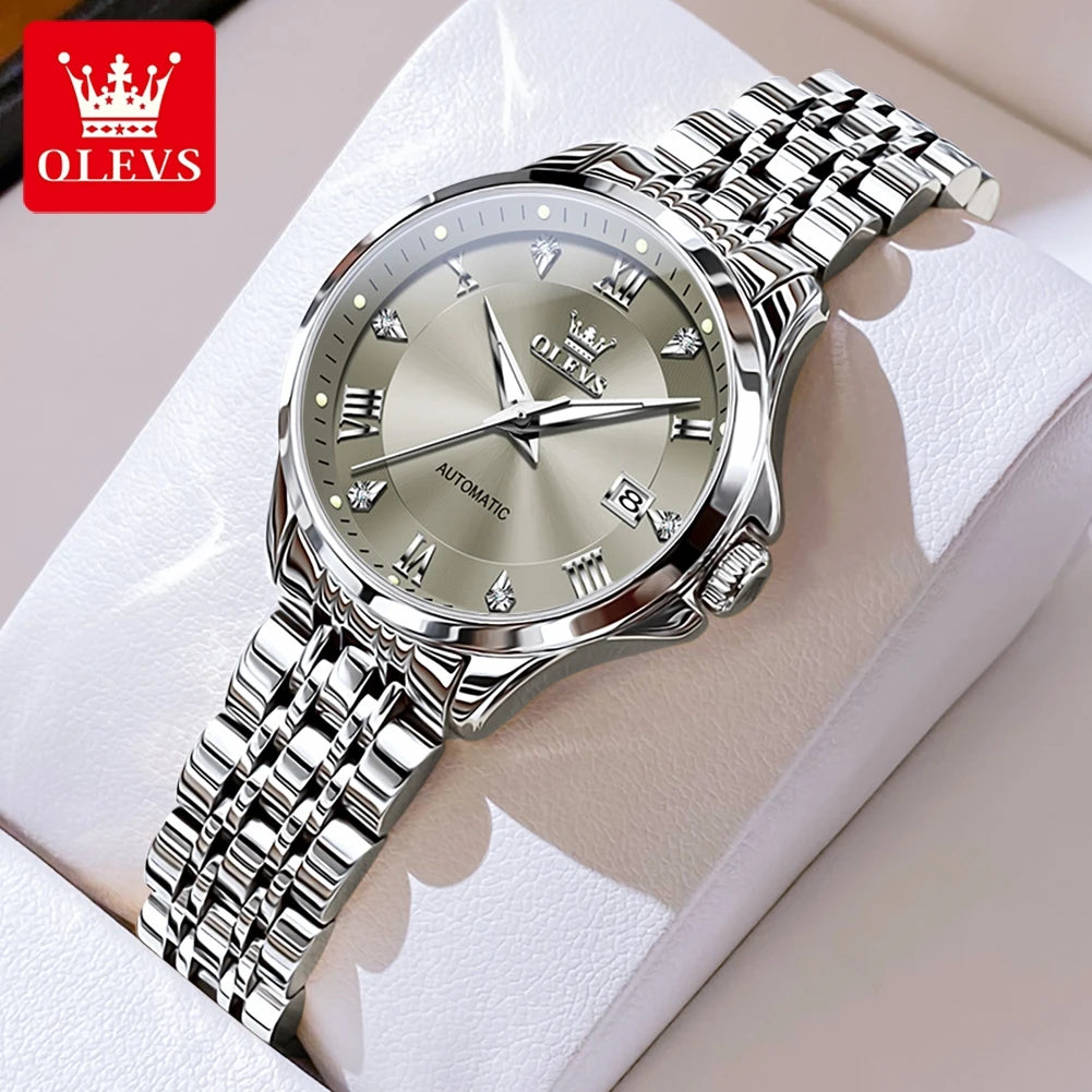 OLEVS 6702 Auto Date Mechanical Watch For Women Roman Scale Luxury Luminous Hand Clock Stainless Steel Waterproof Woman Watches