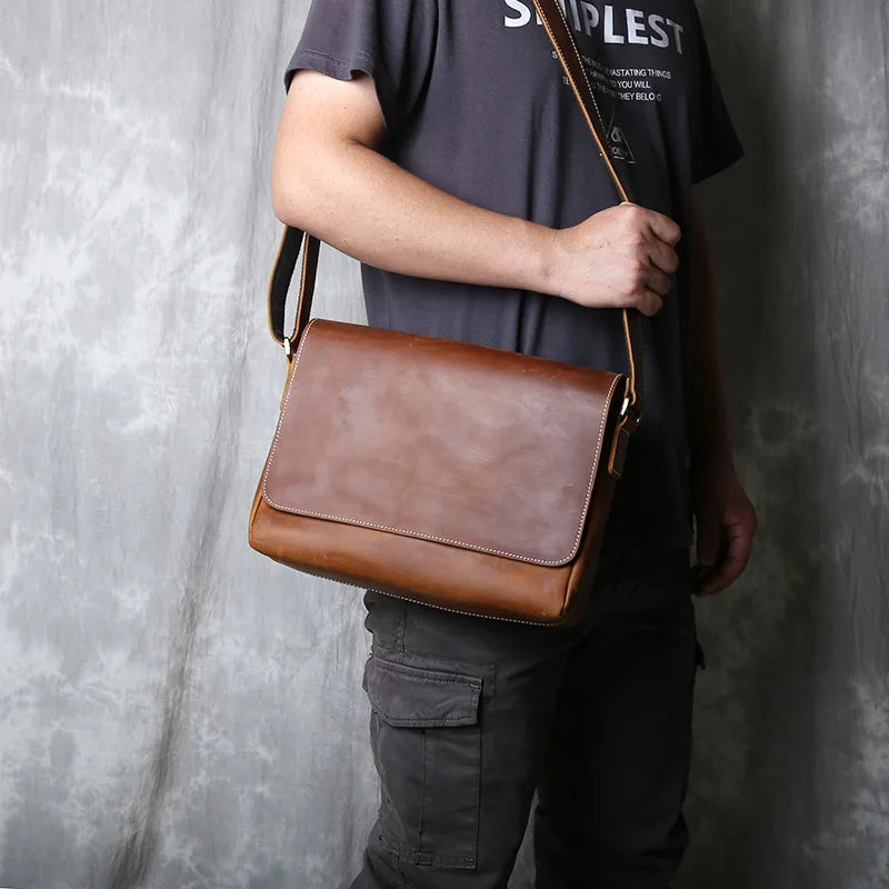 Sac à bandoulière rétro en cuir véritable pour homme, sacoche décontractée de grande capacité, style croisé