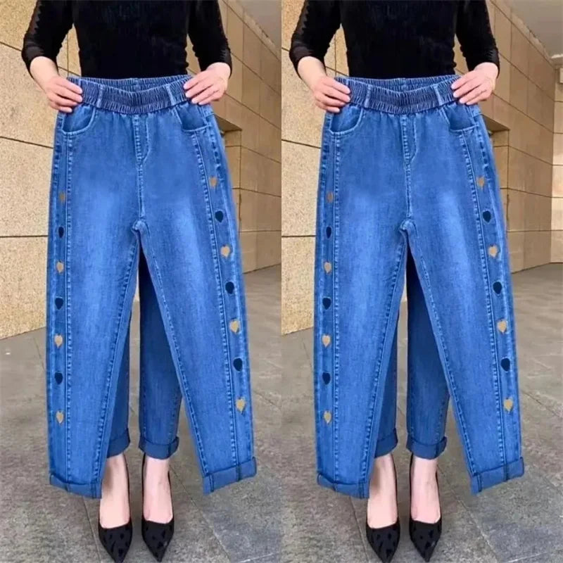 Jeans brodés élastiques taille haute 5XL Fashion Women