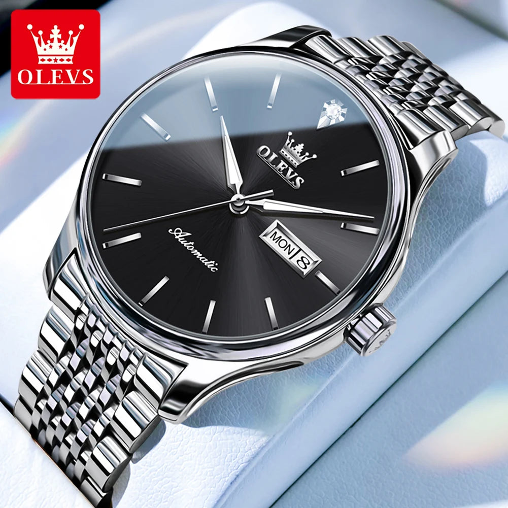 Montres de luxe originales OLEVS pour hommes, mécanique entièrement automatique, étanche, lumineuse, double calendrier, en acier inoxydable