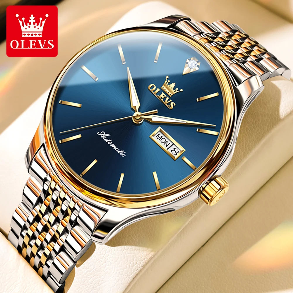Montres de luxe originales OLEVS pour hommes, mécanique entièrement automatique, étanche, lumineuse, double calendrier, en acier inoxydable