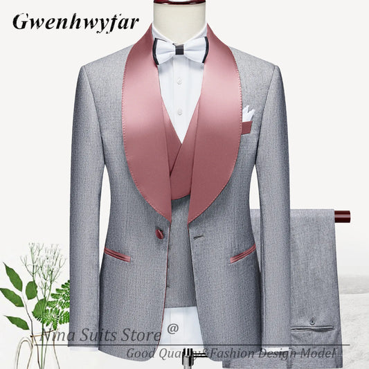 G & N – costumes de marié de mariage d'hiver froid, Blazer gris avec revers, ensemble 3 pièces