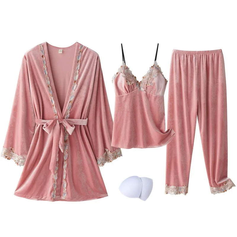 Ensemble pyjama 3 pièces en velours pour femme, robe de chambre, nuisette