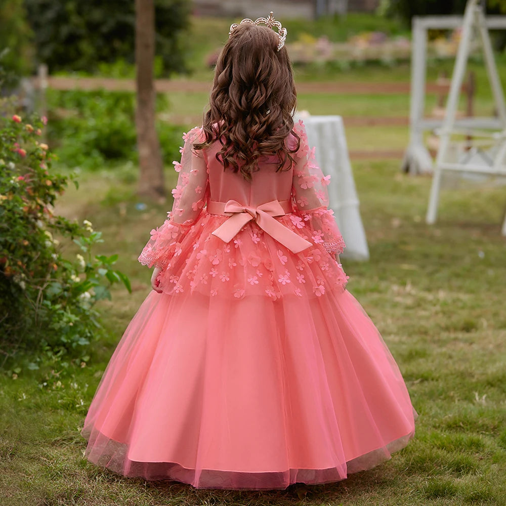 Robe de demoiselle d'honneur à manches longues pour enfant, élégante robe de princesse