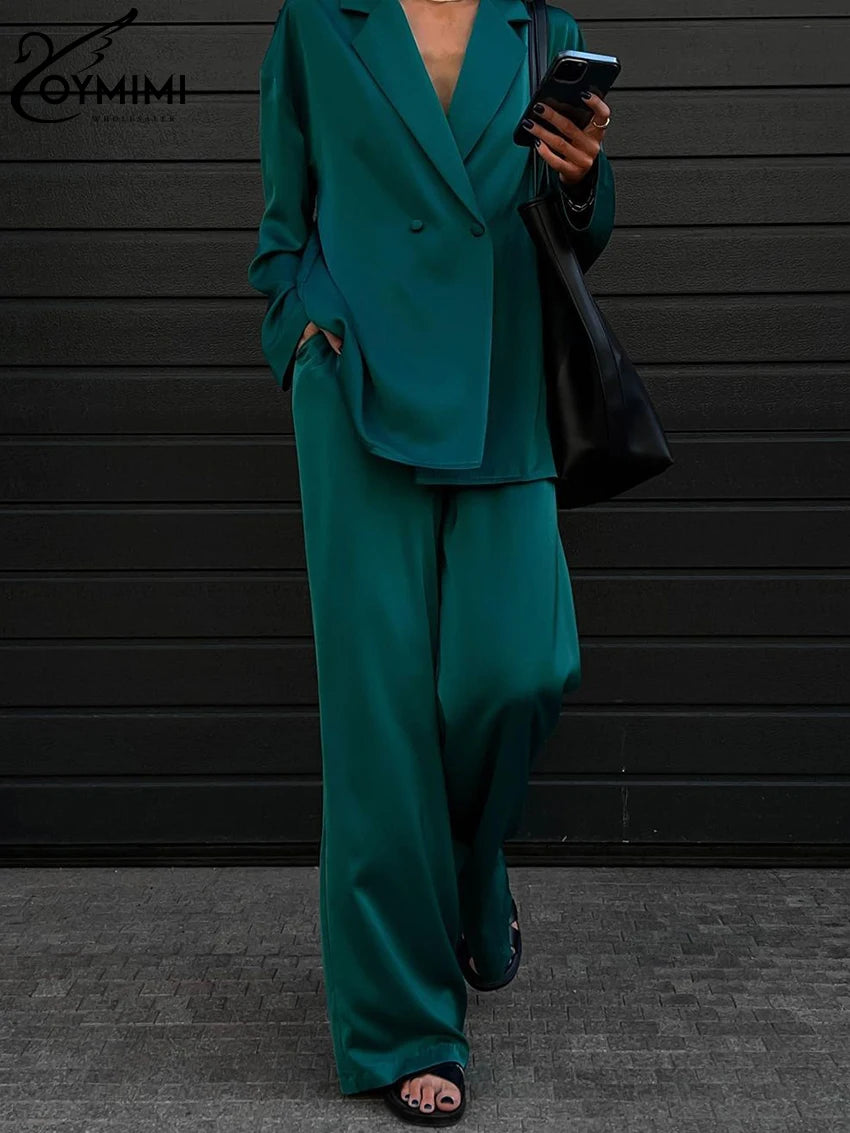 Oymimi mode chemises à manches longues 2 pièces ensembles femmes décontracté ample vert Satin