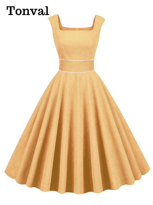 Tonval col carré jaune velours côtelé femmes taille haute Vintage années 50