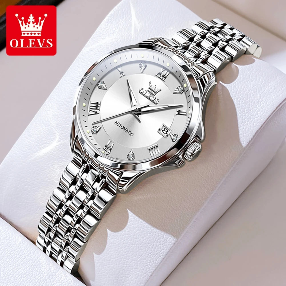 OLEVS 6702 Auto Date Mechanical Watch For Women Roman Scale Luxury Luminous Hand Clock Stainless Steel Waterproof Woman Watches
