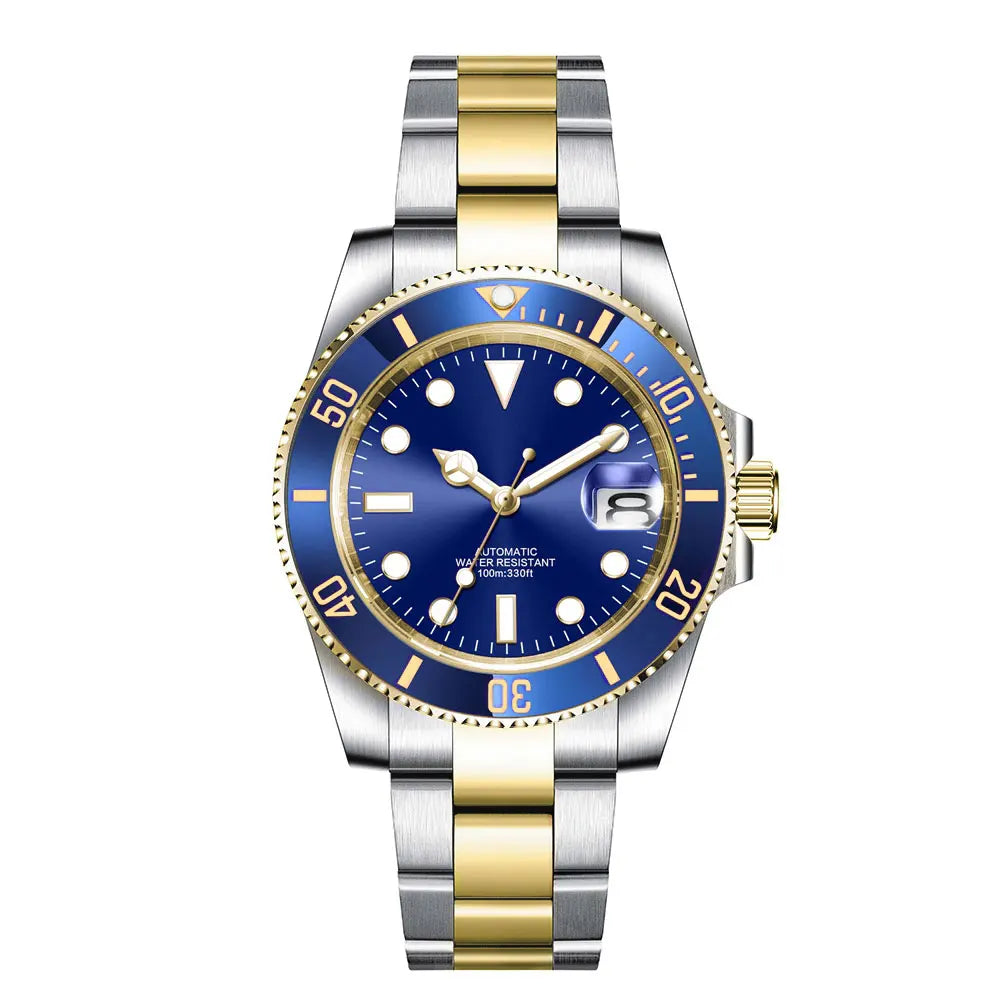 Montre de luxe automatique pour homme, modèle japonais NH35 MIYOTA 8215, bracelet en or bicolore, cadran bleu soleillé stérile, verre saphir