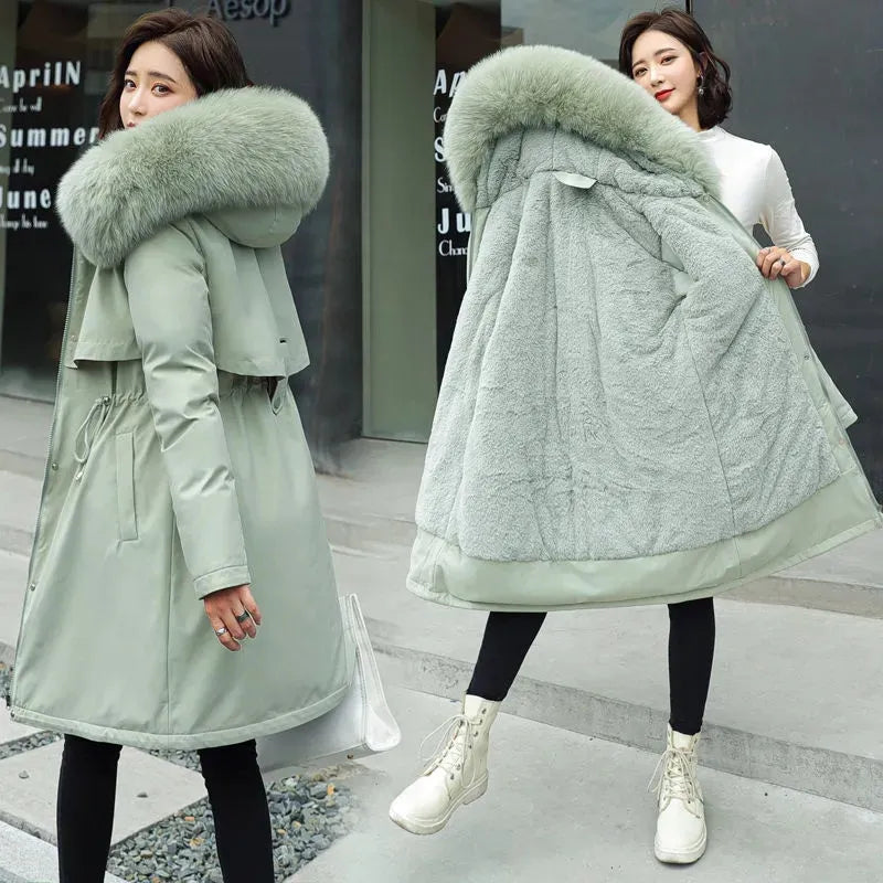 Veste d'hiver manteau Long, doublure en laine, à capuche, col en fourrure, épais et chaud