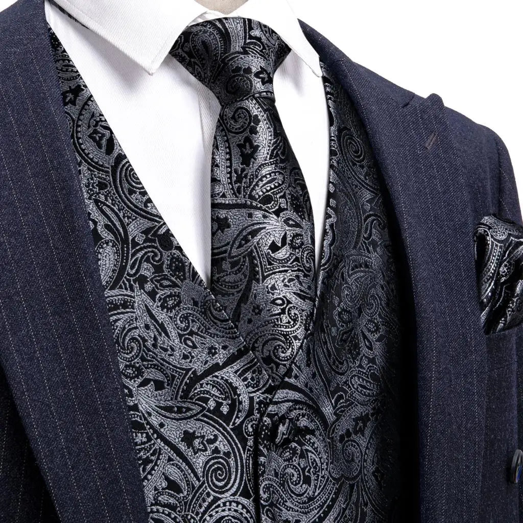 Gilet élégant en soie pour hommes, noir, argent, robe florale Paisley, gilet, nœud papillon, ensemble