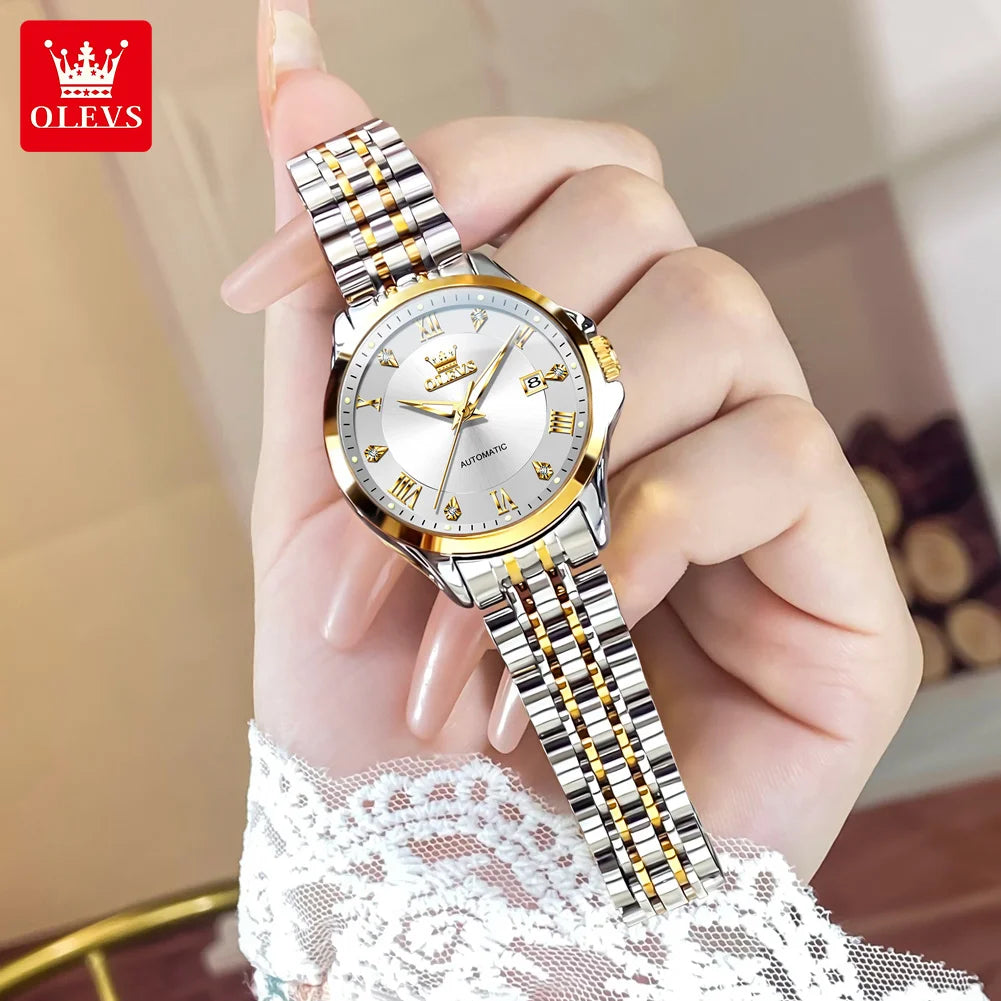 OLEVS 6702 Auto Date Mechanical Watch For Women Roman Scale Luxury Luminous Hand Clock Stainless Steel Waterproof Woman Watches