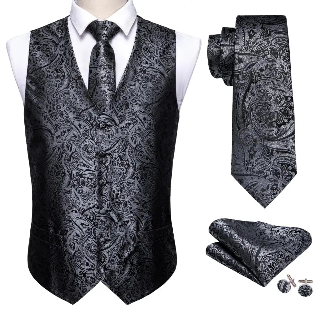 Gilet élégant en soie pour hommes, noir, argent, robe florale Paisley, gilet, nœud papillon, ensemble