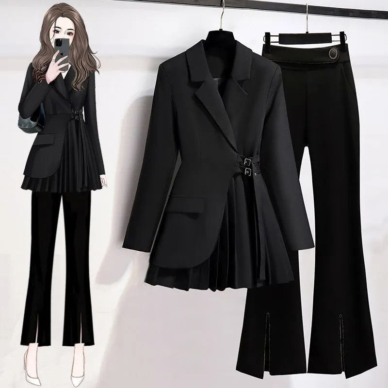 Veste Blazer décontractée pour femmes, assorti, coréen élégant, Chic, manteau de costume + pantalon noir fendu