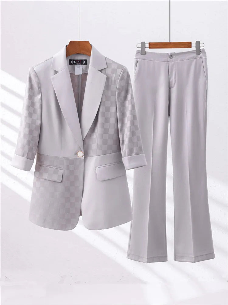 2 pièces, Blazer et pantalon à manches mi-longues, gris blanc, haute qualité, Chic, tenue d'affaires élégante