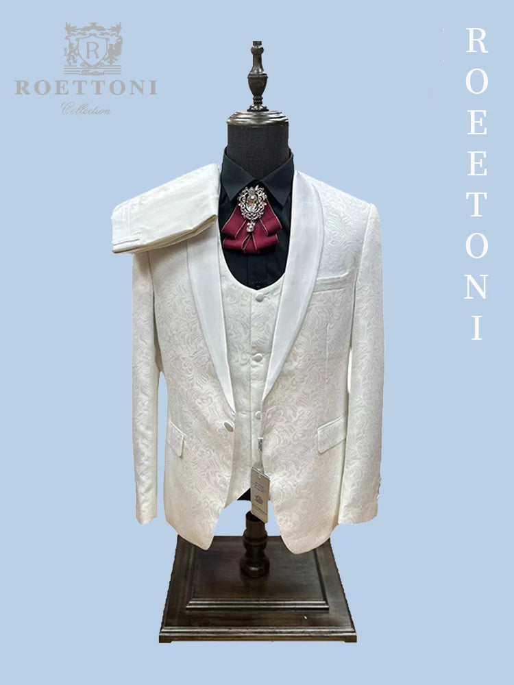 Costume de mariage trois pièces pour hommes, manteau + gilet + pantalon, imprimé blanc ivoire