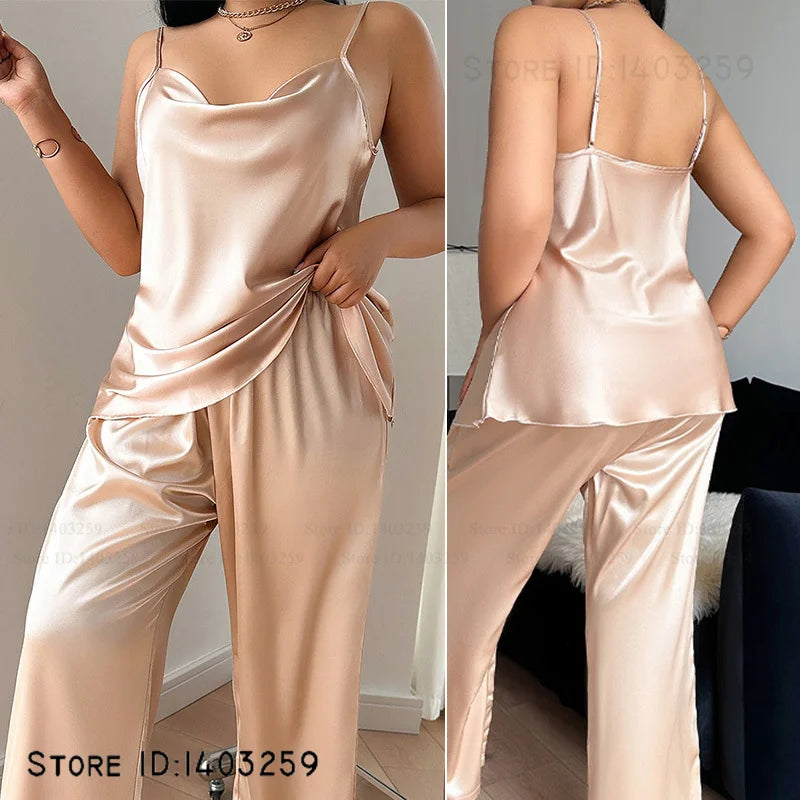 Ensemble pyjama femme grande taille en soie glacée, chemise de nuit