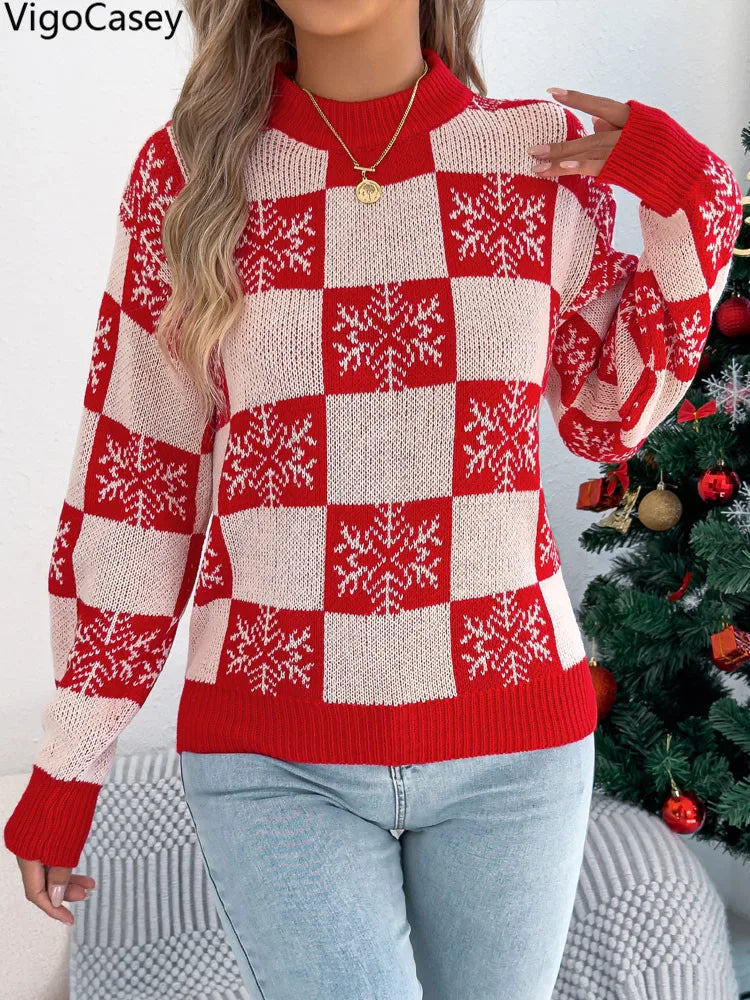 Tricot De Noël Pour Femmes Manches Longues Col Rond Imprimé Tricot Décontracté Doux Automne Hiver