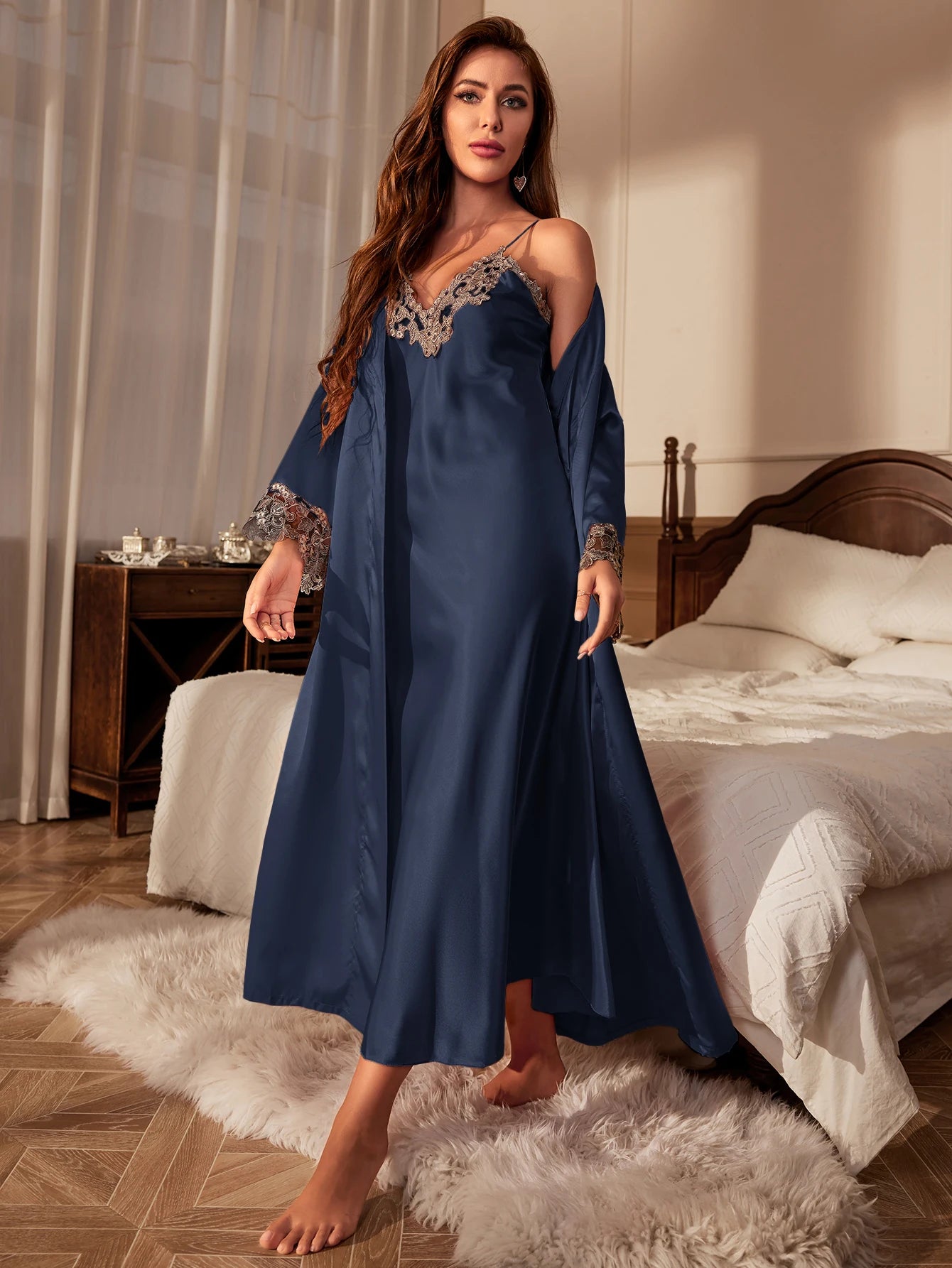 Pyjama Longue Robe De Nuit Ensemble Pyjama En Dentelle Contrastée