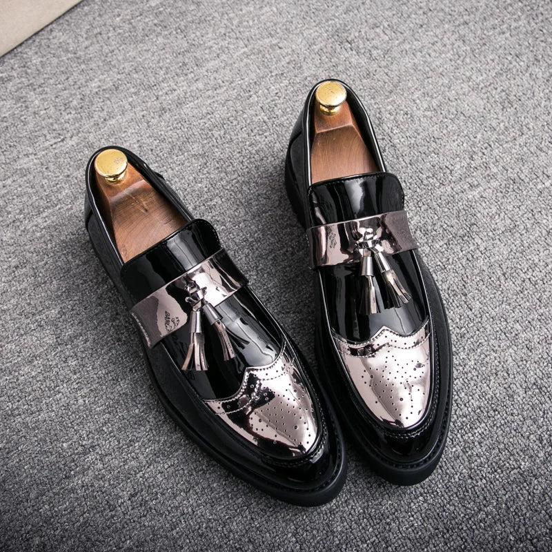 Chaussures en cuir brillant pour hommes, marque de luxe, haut de gamme, Patchwork doré