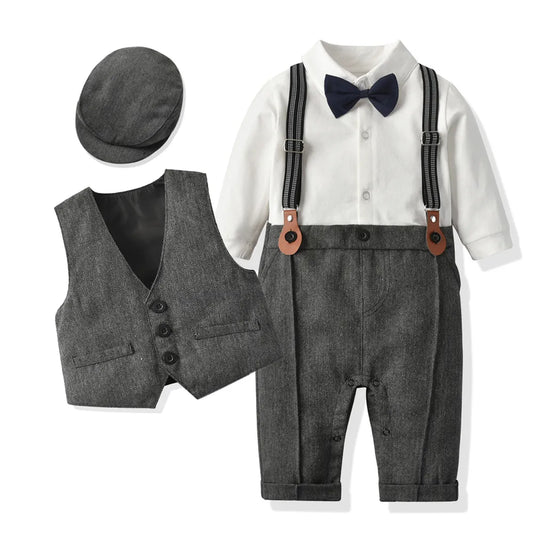 Ensemble de vêtements formels barboteuse pour garçon, tenue avec chapeau et gilet, combinaison à manches longues