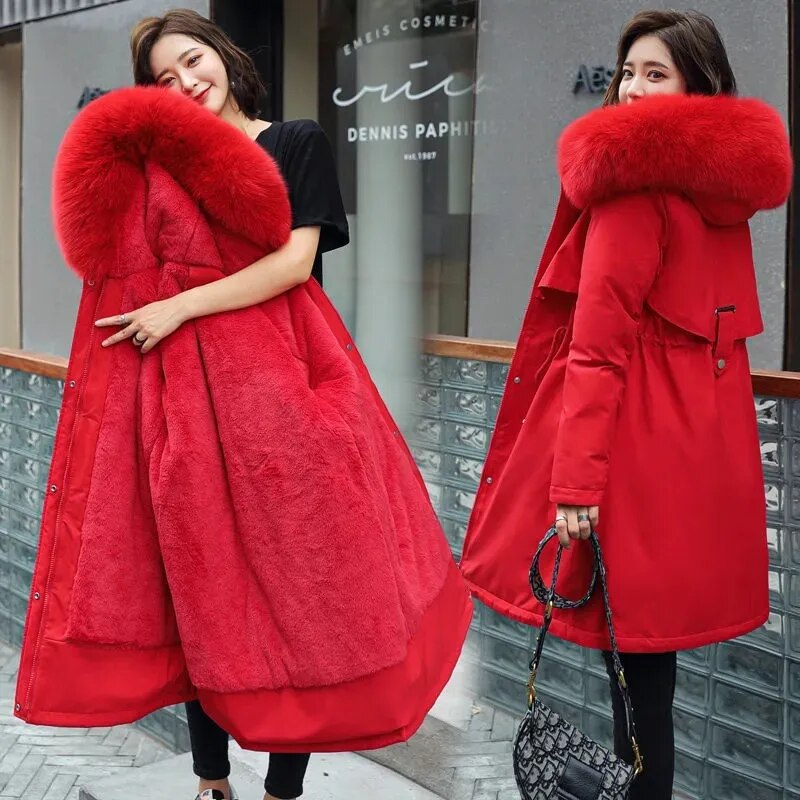 Veste d'hiver manteau Long, doublure en laine, à capuche, col en fourrure, épais et chaud