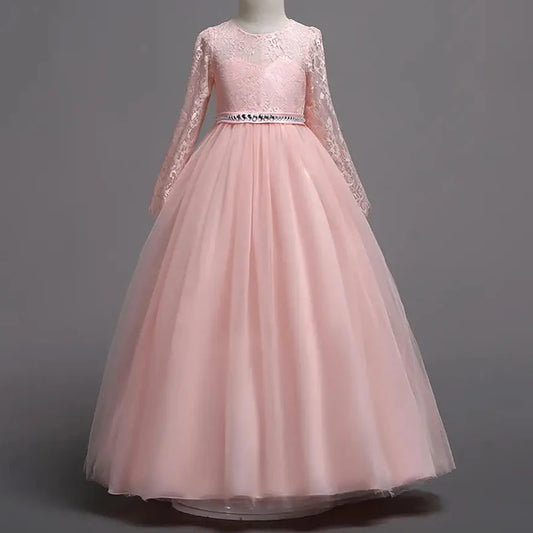 Tulle dentelle élégante longue fille robe de princesse à manches longues