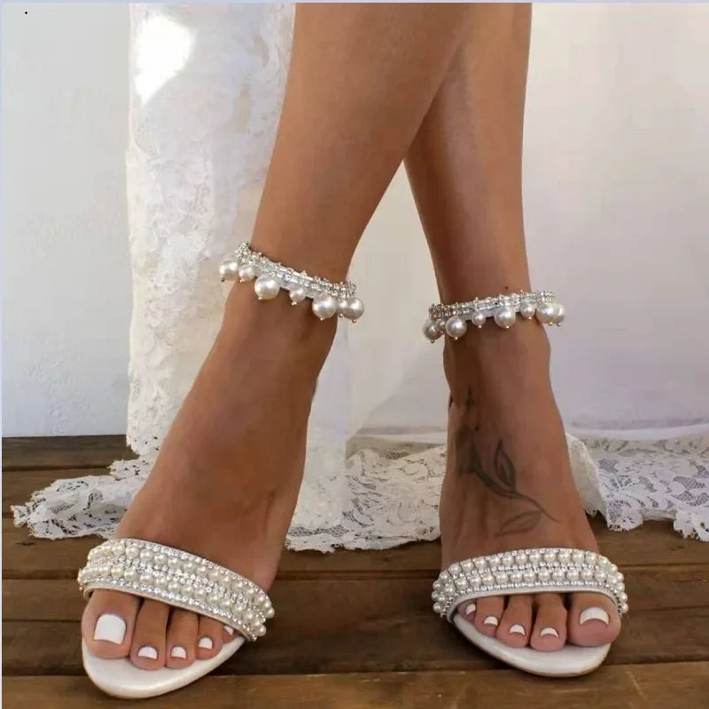 Perle talons hauts bout ouvert strass diamant sandales à talons épais chaussures
