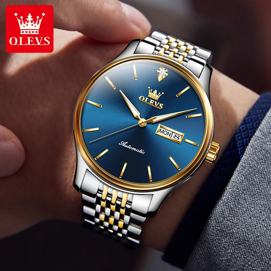 Montres de luxe originales OLEVS pour hommes, mécanique entièrement automatique, étanche, lumineuse, double calendrier, en acier inoxydable