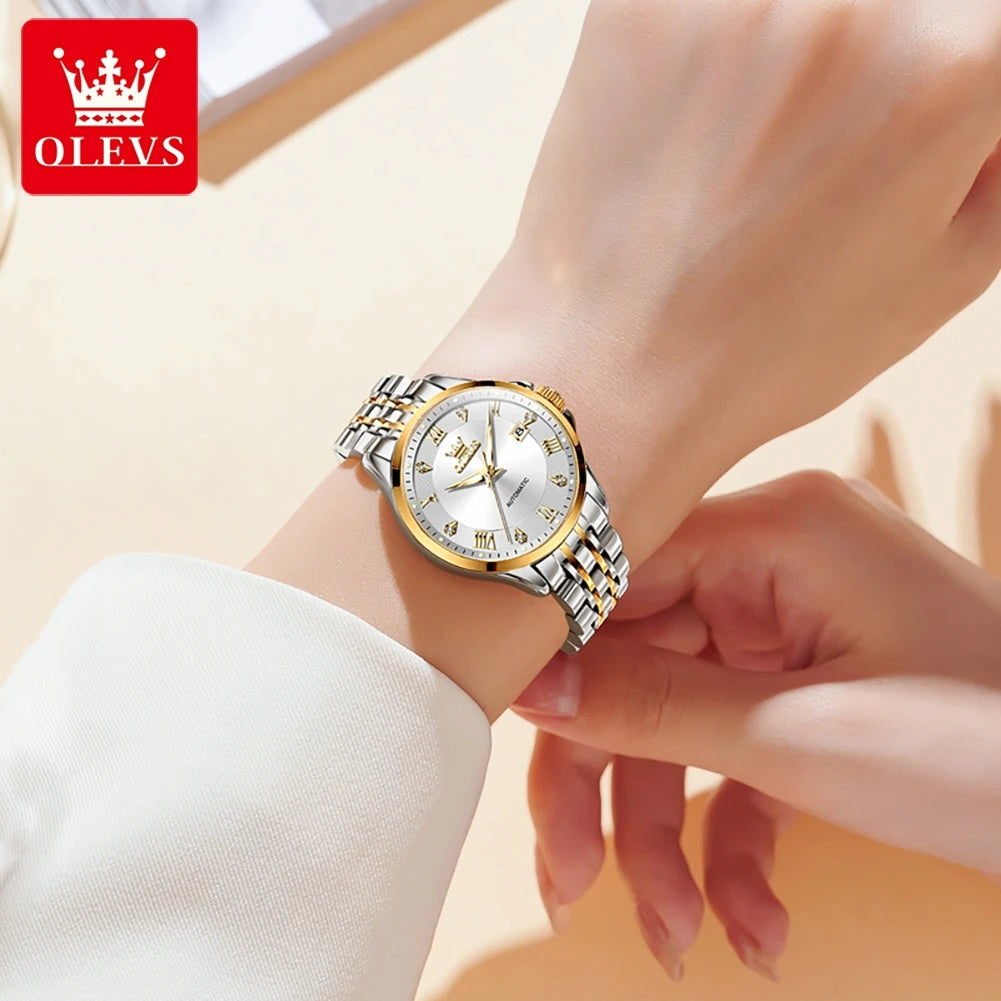 OLEVS 6702 Auto Date Mechanical Watch For Women Roman Scale Luxury Luminous Hand Clock Stainless Steel Waterproof Woman Watches
