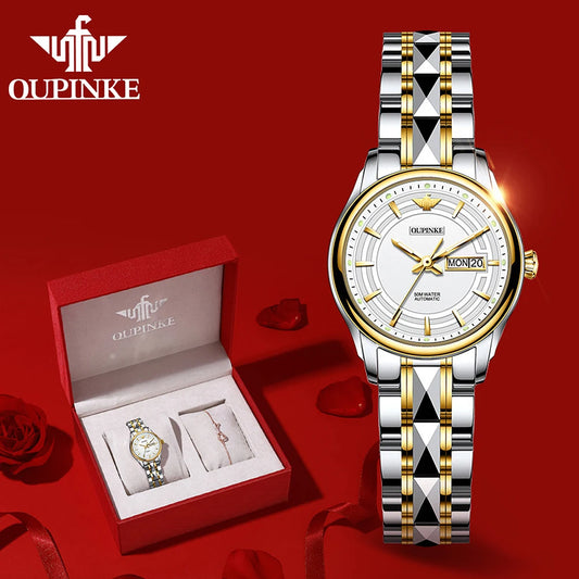 Montre automatique étanche OUPINKE 3170 pour femme, double calendrier, mécanique, en acier inoxydable, de luxe