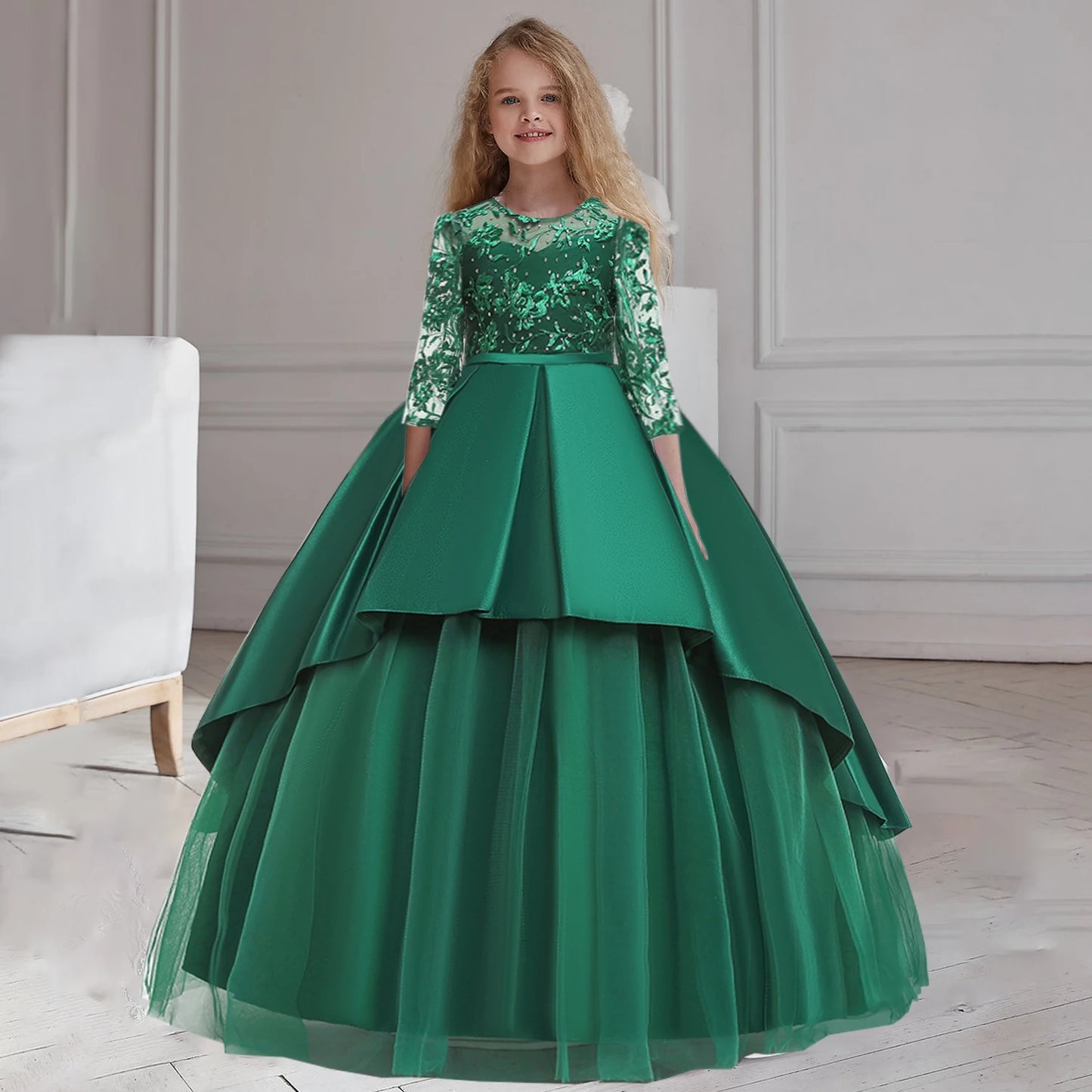 Robe de demoiselle d'honneur à paillettes pour adolescentes, manches longues