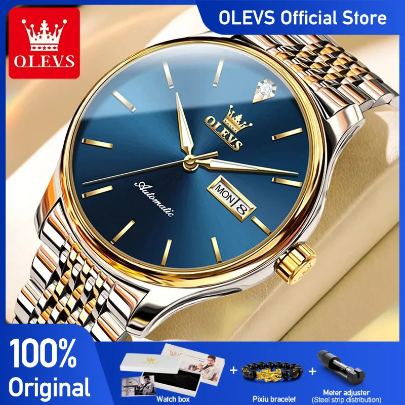 Montres de luxe originales OLEVS pour hommes, mécanique entièrement automatique, étanche, lumineuse, double calendrier, en acier inoxydable