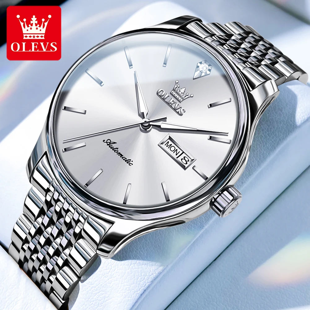 Montres de luxe originales OLEVS pour hommes, mécanique entièrement automatique, étanche, lumineuse, double calendrier, en acier inoxydable